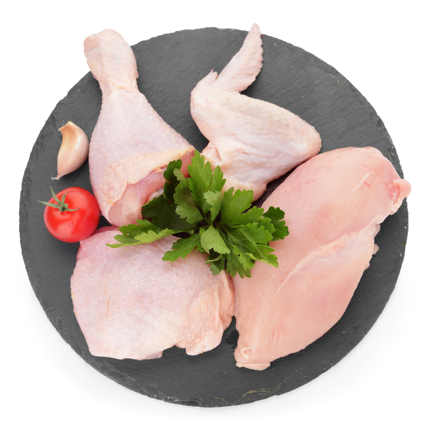 Slate Plate with Raw Chicken Meat on White Background